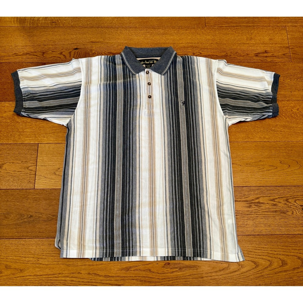 Vtg Knights of the Round Table Men's L Striped Polo Shirt Grey Tan Blue 90s Y2K